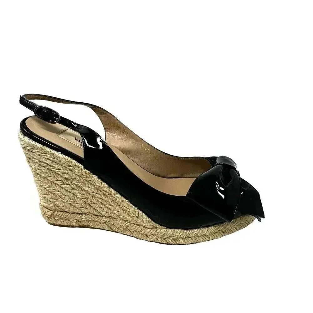 Valentino Garavani size 7 37 Espadrille Wedge Black patent leather sandal w/box